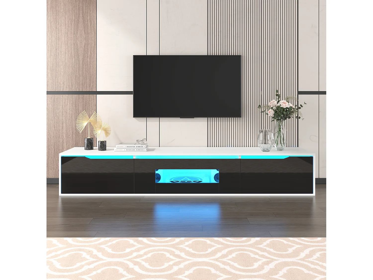 Meuble TV, Meuble de salon, Style moderne, Noir, Éclairage LED, 3 compartiments, Suspendu armoires TV, 180x35x30 cm