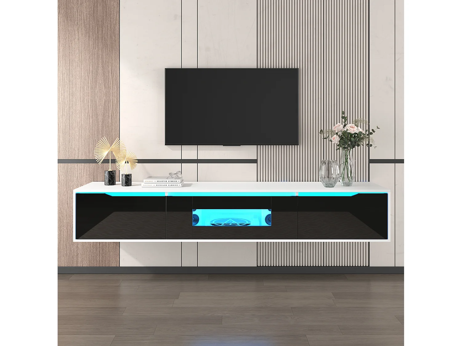 Meuble TV, Meuble de salon, Style moderne, Noir, Éclairage LED, 3 compartiments, Suspendu armoires TV, 180x35x30 cm