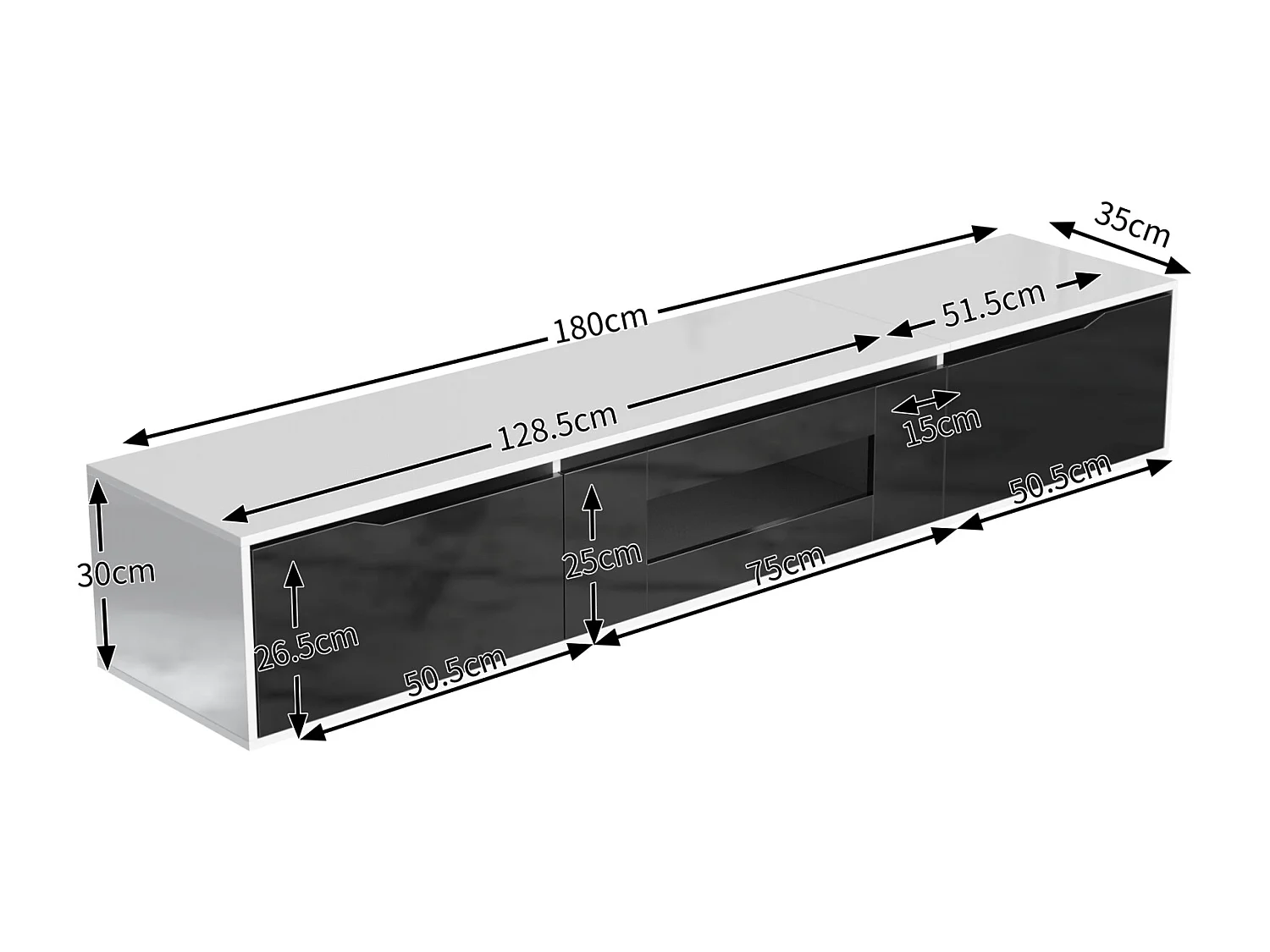 Meuble TV Moderne Blanc Noir Brillant avec LED 180 x 35 x 30 cm