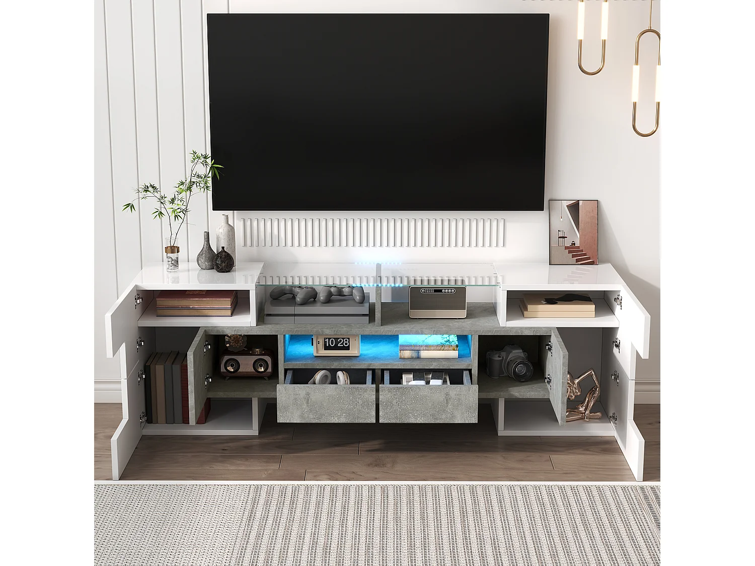 Meuble TV - 200x30x51 cm - Éclairage LED - 6 Portes 2 Tiroirs et 2 Etagères - Style moderne - Meuble de salon - Blanc