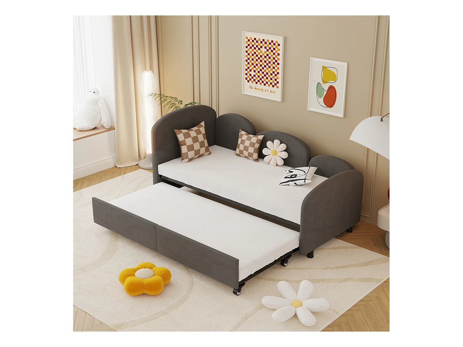 Lit gigogne 90x200cm, Canapé-Lit extensible avec sommier a lattes en velours, Lit simple avec roulettes, Lit convertible