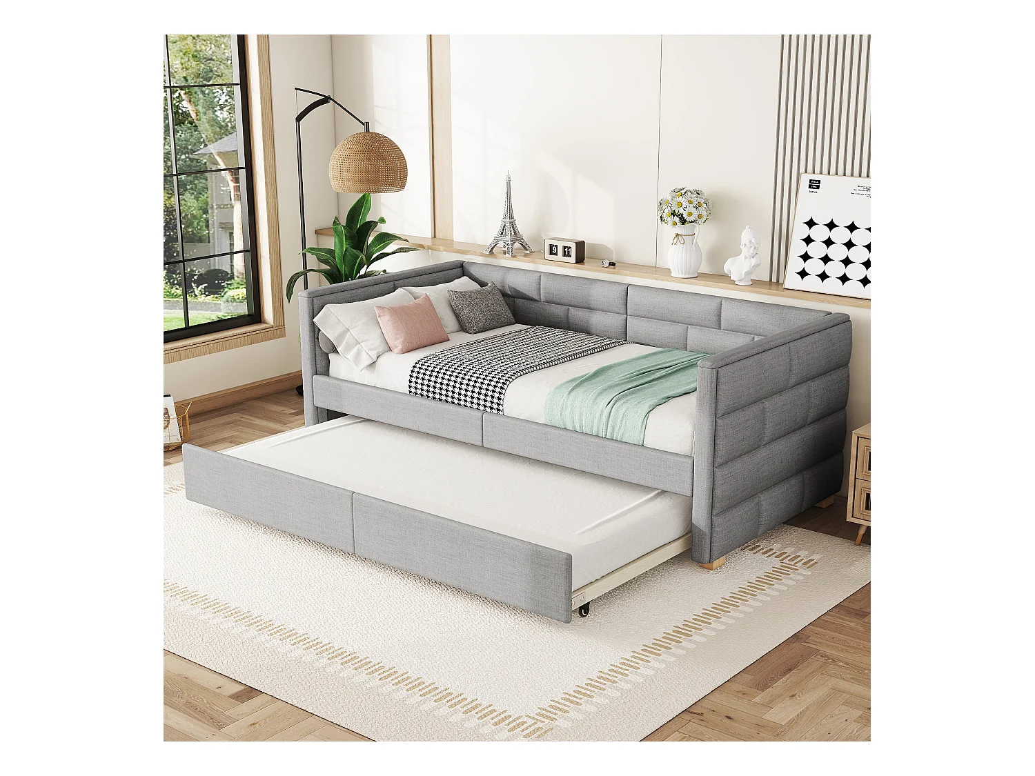 Lit Gigogne 90x200 cm avec roulettes,Canapé-Lit extensible avec sommier à lattes, 2 in 1 Lit Simple, Lit Banquette Gris