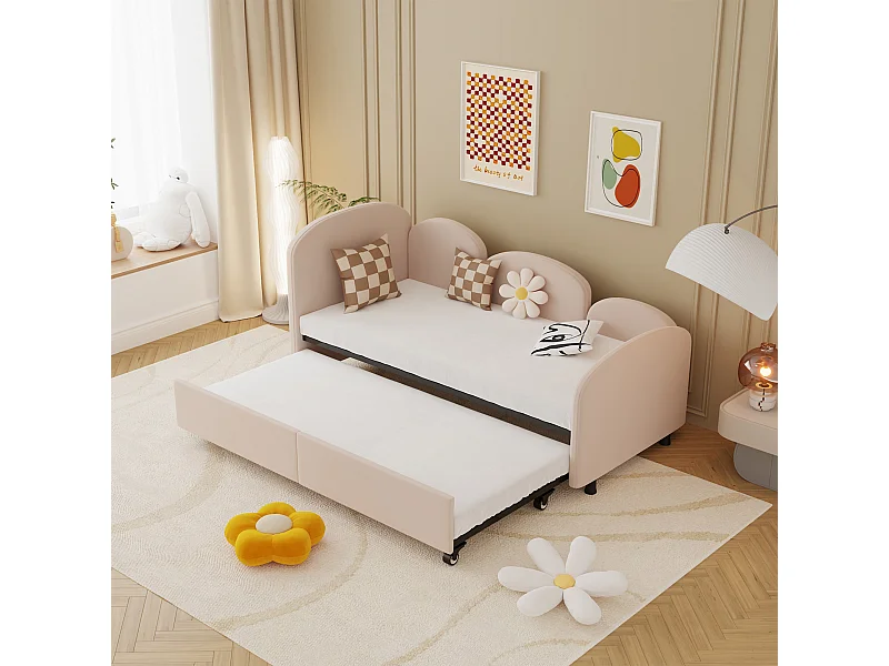 Lit gigogne 90x200 cm, Canapé-lit extensible, Lit 2 places convertible avec sommier à lattes, Velours, Lit simple