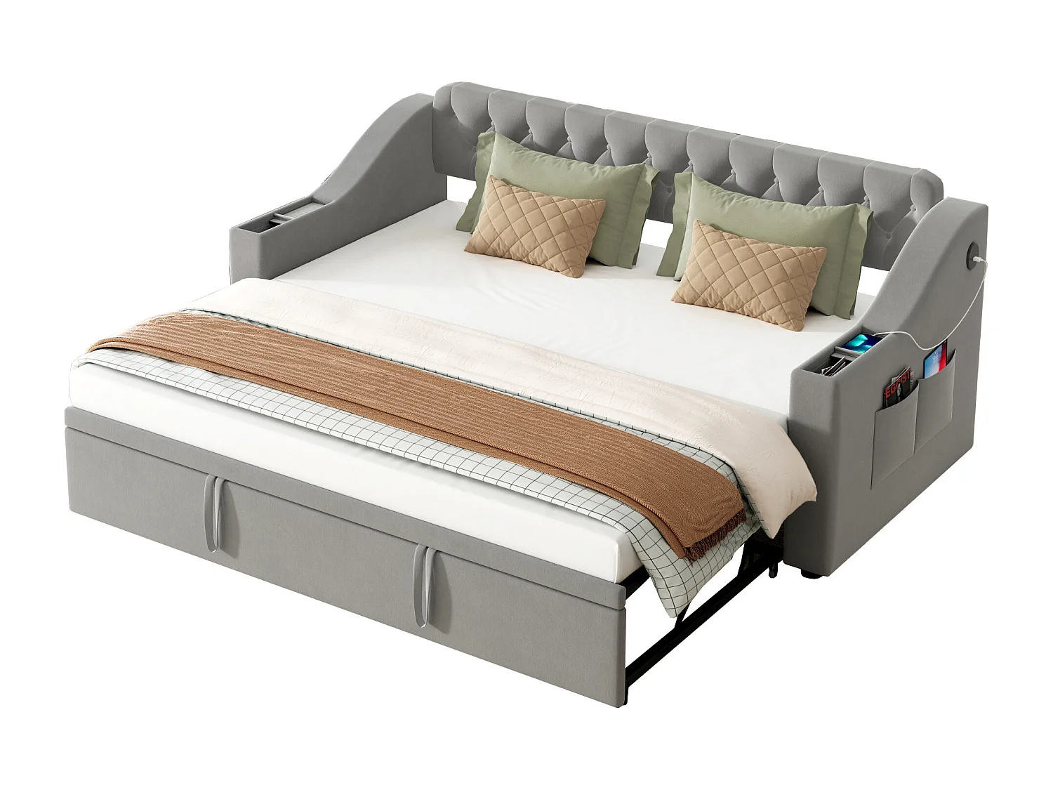 Lit Gigogne 90/180x190 cm,Lit 2 places convertible,Lit banquette,Canapé-lit rembourré extensible avec USB,Velours Gris