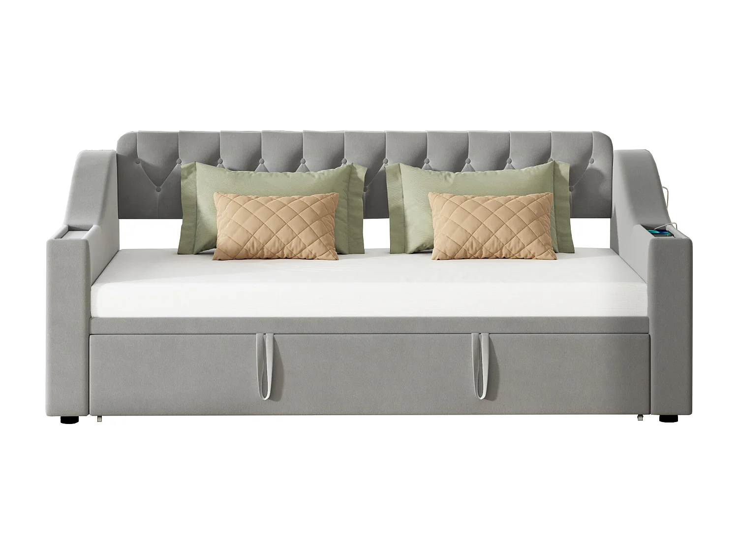 Lit Gigogne 90/180x190 cm,Lit 2 places convertible,Lit banquette,Canapé-lit rembourré extensible avec USB,Velours Gris