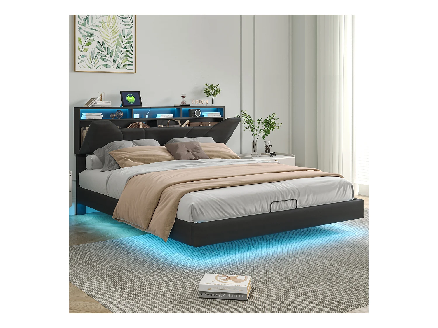 Lit coffre 140x200 cm avec sommier à lattes, Lit Adulte lit LED, Coffre de rangement, Lit 140x200 2 personnes en pu noir