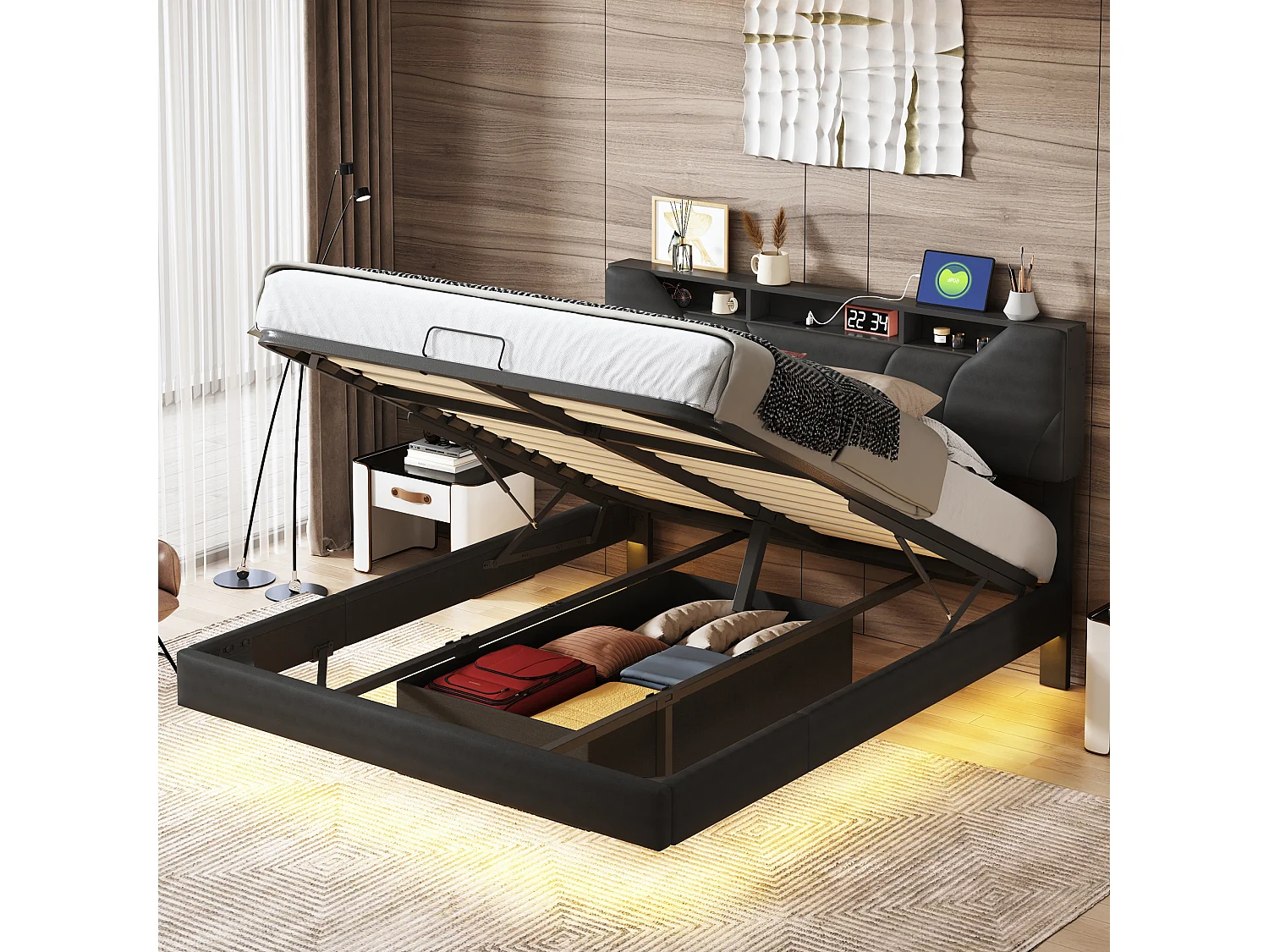Łóżko z pojemnikiem dla dorosłych 140x200 cm z czarnego PU z stelażem, regulowanym podświetlanym zagłówkiem i wbudowanym schowkiem