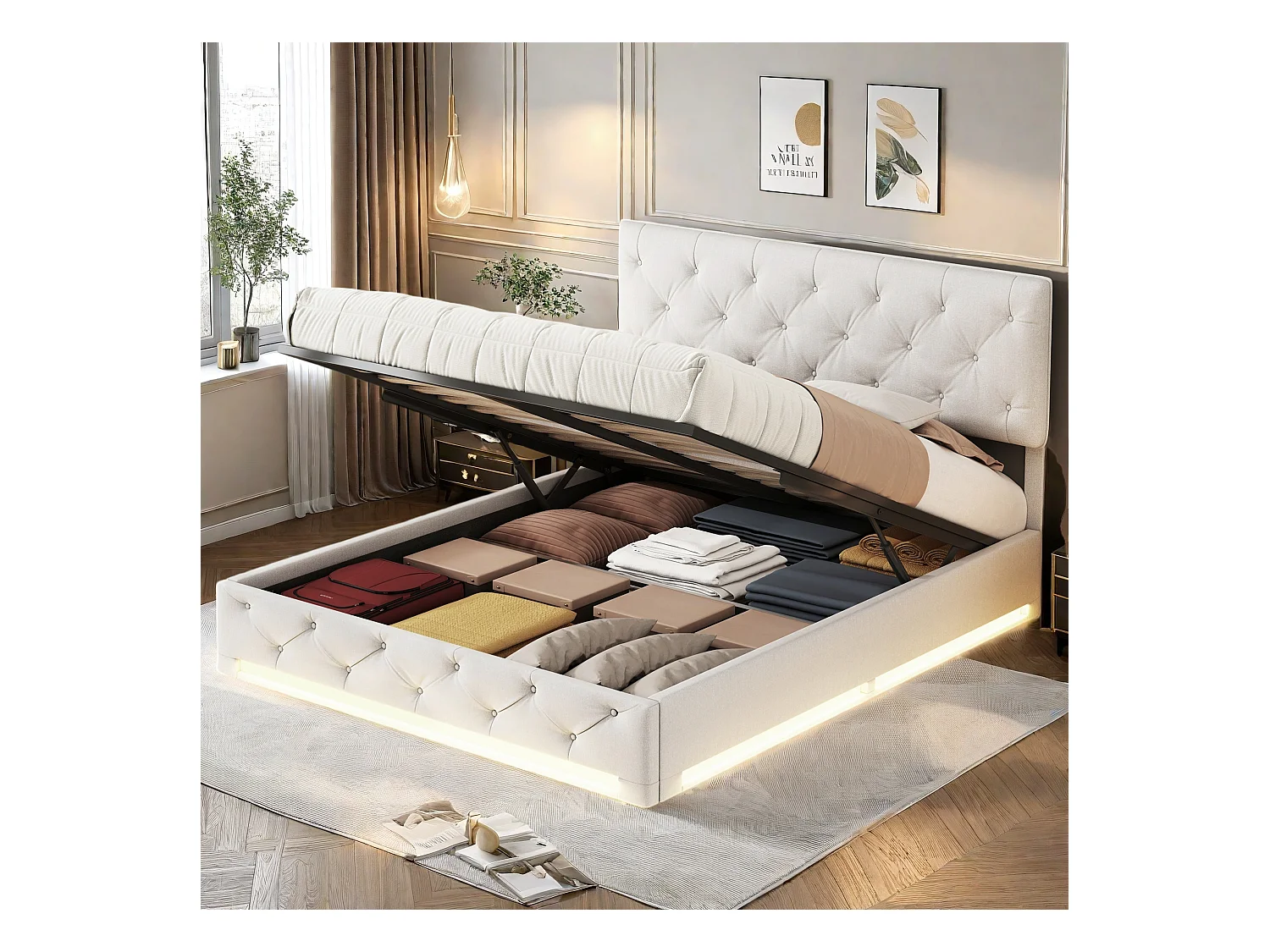 Lit Coffre 160x200 CM avec sommier, Lit double, LED, Lit adulte 160x200 avec tête de lit réglable, Beige
