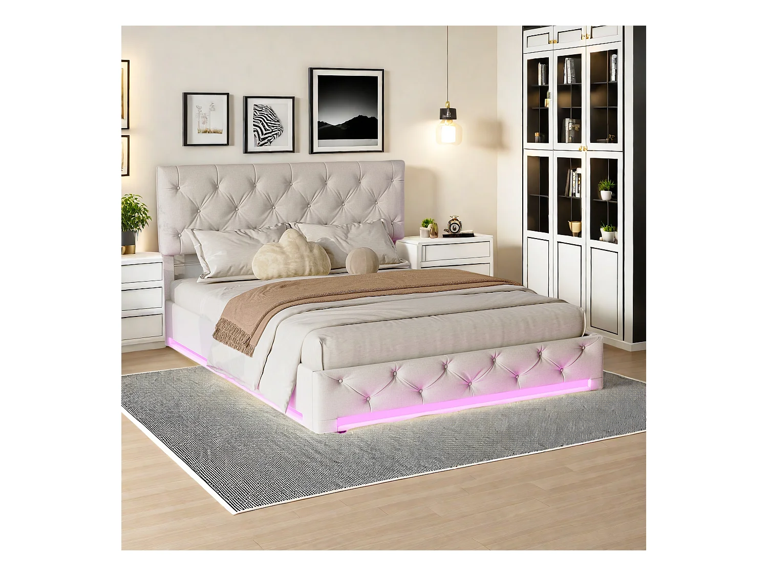 Lit Coffre 160x200 CM avec sommier, Lit double, LED, Lit adulte 160x200 avec tête de lit réglable, Beige