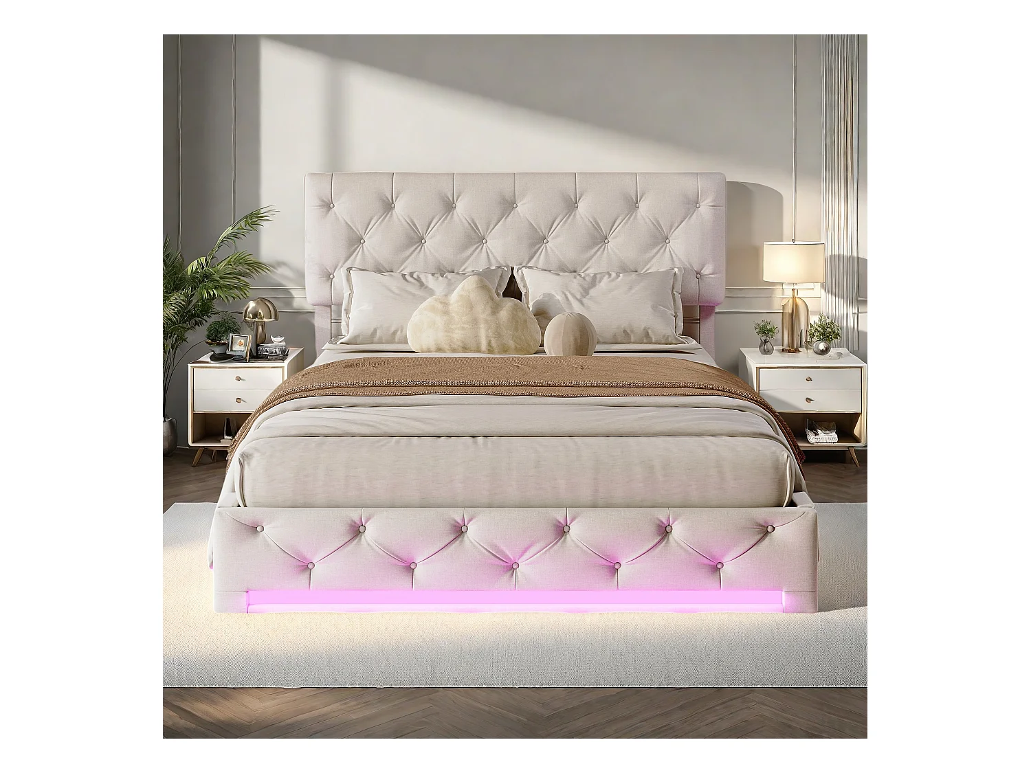 Lit Coffre 160x200 CM avec sommier, Lit double, LED, Lit adulte 160x200 avec tête de lit réglable, Beige