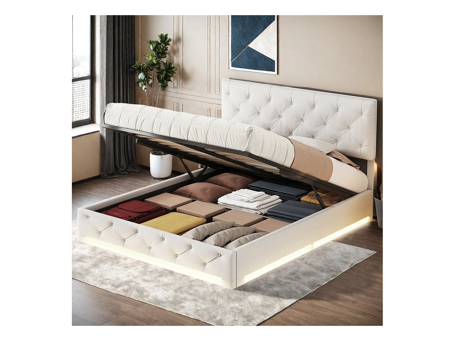 Lit Coffre 160x200 CM avec sommier, Lit double, LED, Lit adulte 160x200 avec tête de lit réglable, Beige