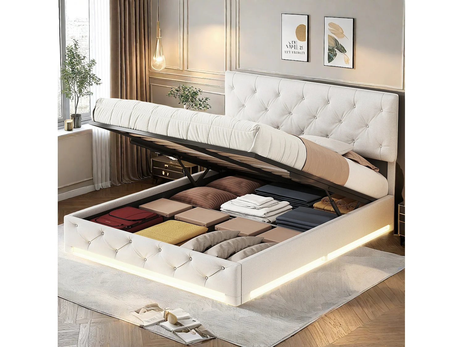 Letto Contenitore Adulti 160x200 cm Tessuto Lino Beige con LED, Testiera Regolabile e Contenitore Idraulico - Stile Scandinavo