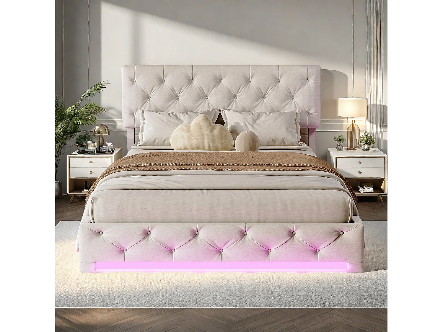 Letto Contenitore Adulti 160x200 cm Tessuto Lino Beige con LED, Testiera Regolabile e Contenitore Idraulico - Stile Scandinavo