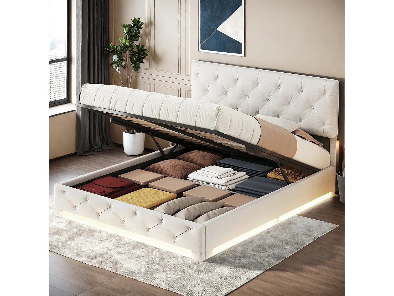 Letto Contenitore Adulti 160x200 cm Tessuto Lino Beige con LED, Testiera Regolabile e Contenitore Idraulico - Stile Scandinavo