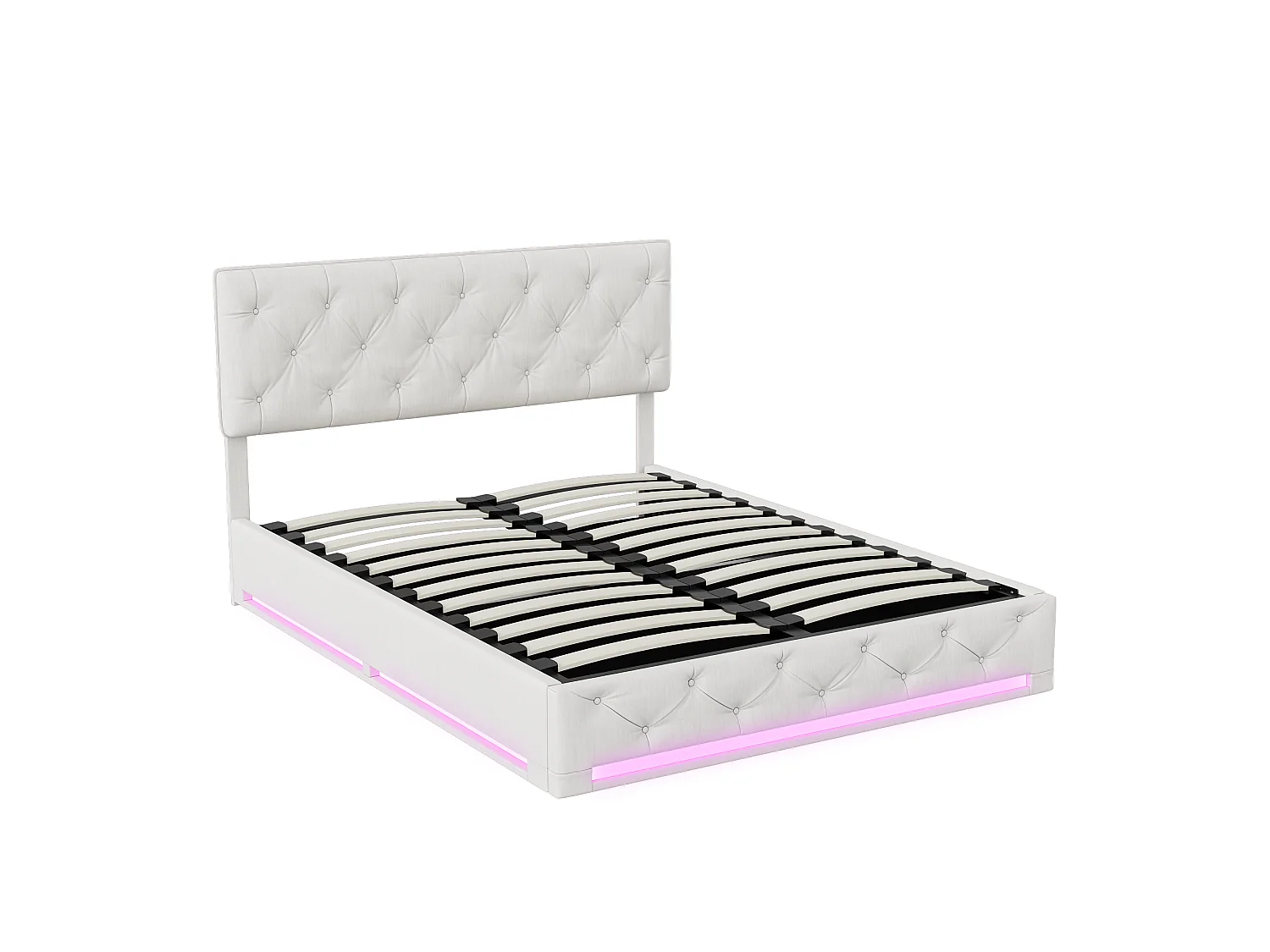 Letto Contenitore Adulti 160x200 cm Tessuto Lino Beige con LED, Testiera Regolabile e Contenitore Idraulico - Stile Scandinavo