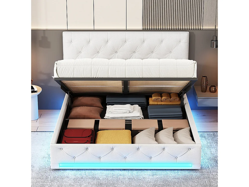 Cama Baúl para Adulto 160x200 cm Tela de Lino Beige con LED, Cabecero Ajustable y Almacenamiento Hidráulico - Estilo Escandinavo