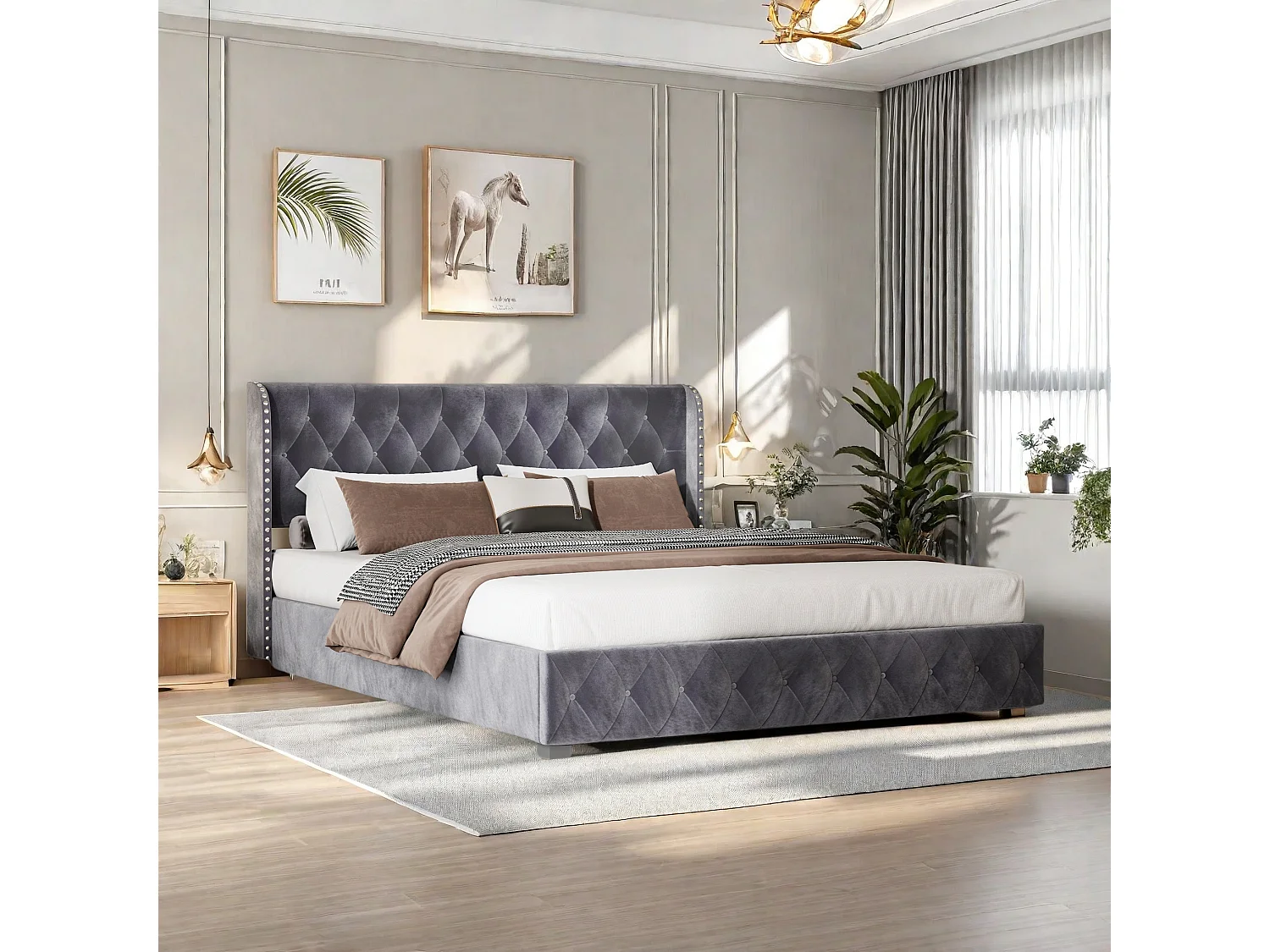 Lit Adulte 180x200 cm Tête de lit décorative bouton Lit Coffre sommier à lattes Lit fonctionnel hydraulique Velours Gris