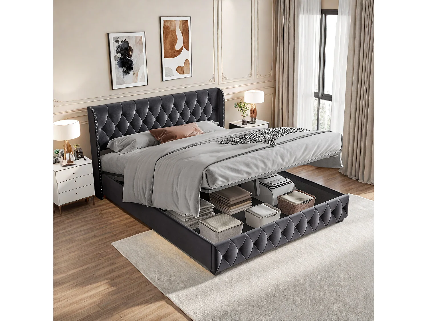 Lit Adulte 180x200 cm Tête de lit décorative bouton Lit Coffre sommier à lattes Lit fonctionnel hydraulique Velours Gris