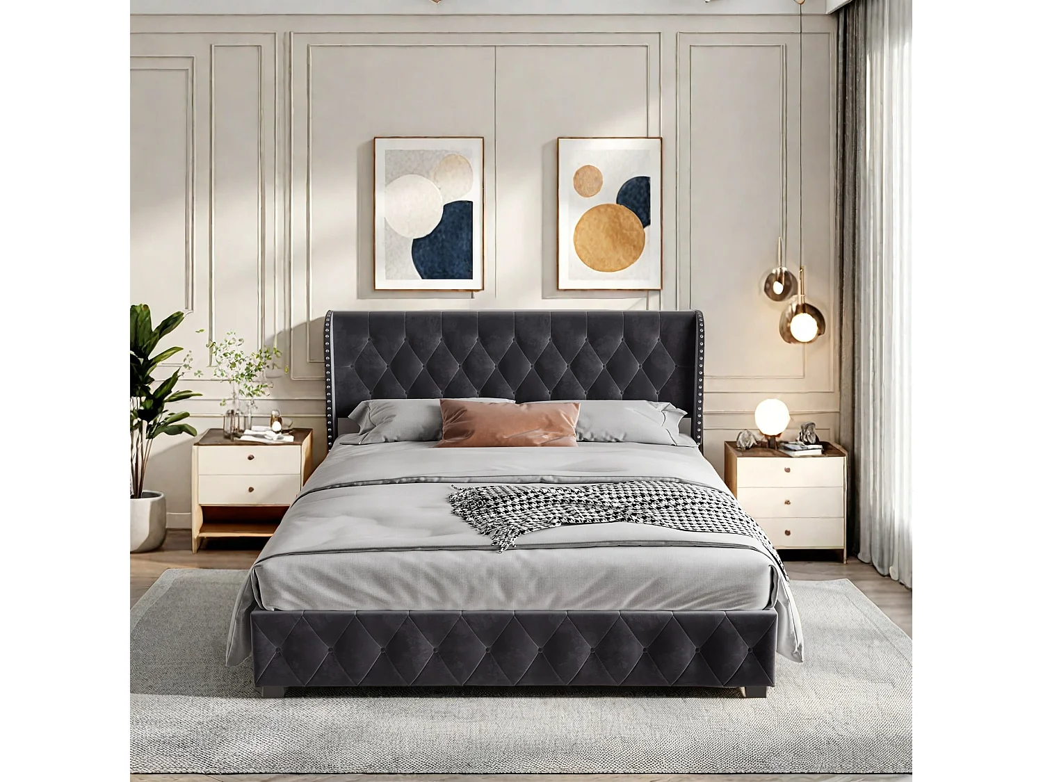 Lit Adulte 180x200 cm Tête de lit décorative bouton Lit Coffre sommier à lattes Lit fonctionnel hydraulique Velours Gris