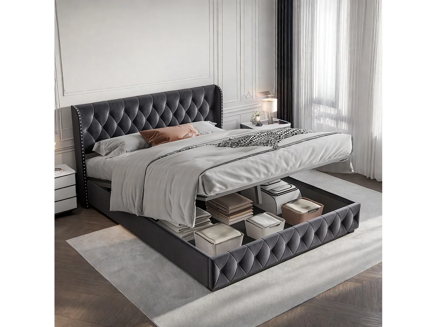 Lit Adulte 180x200 cm Tête de lit décorative bouton Lit Coffre sommier à lattes Lit fonctionnel hydraulique Velours Gris