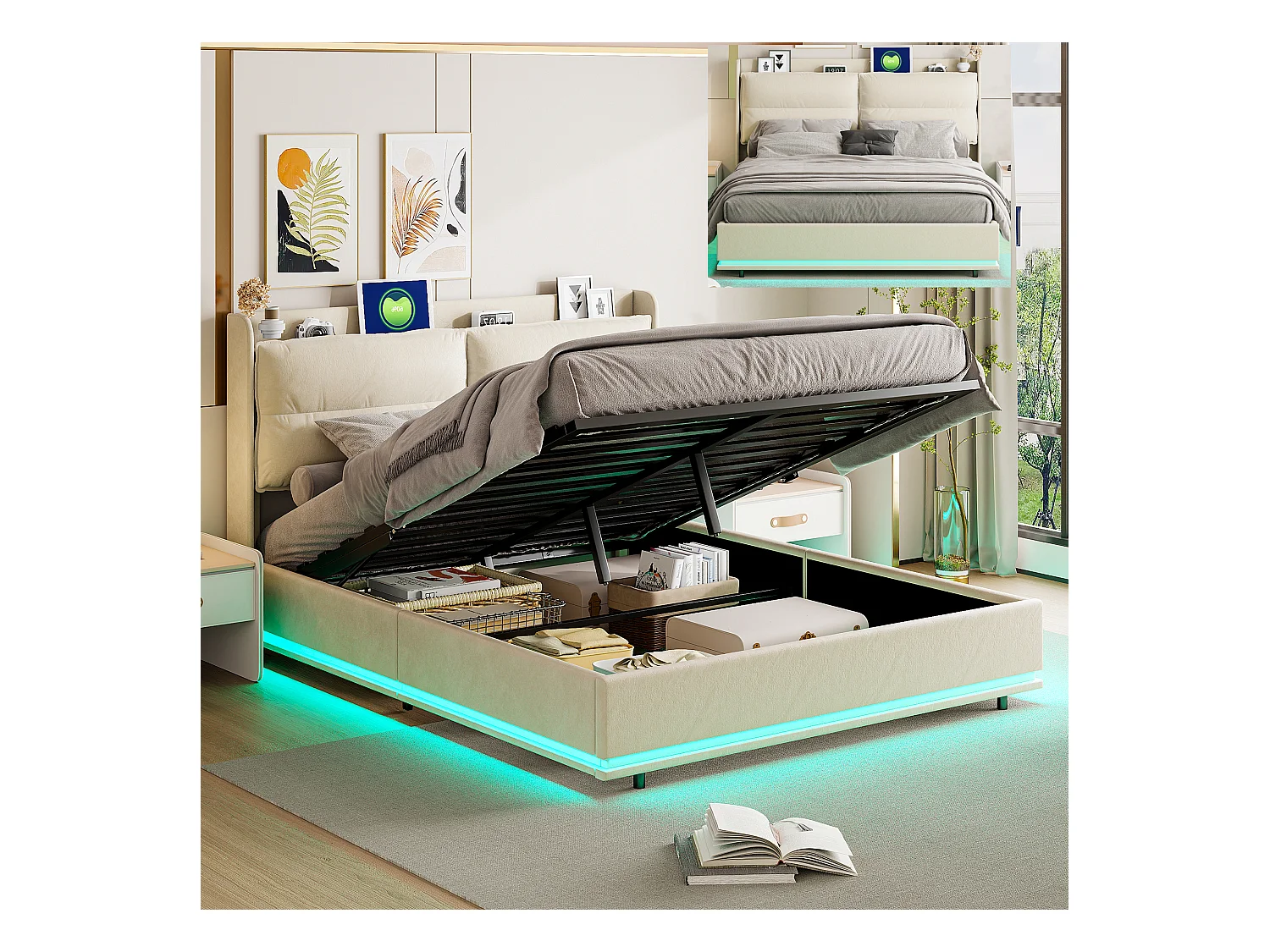 Lit coffre 140x190 cm - Hydraulique rangement - Lit 140x190 cm - Lit double 2 personnes - avec LED intégrée et USB - Velours - Beige