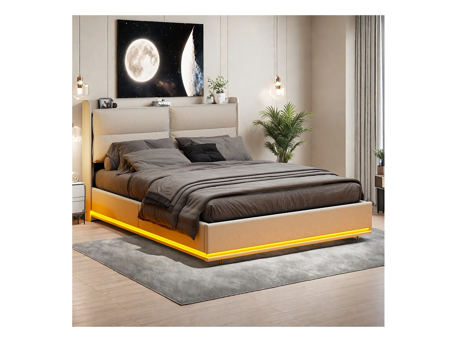 Lit coffre 140x190 cm - Hydraulique rangement - Lit 140x190 cm - Lit double 2 personnes - avec LED intégrée et USB - Velours - Beige