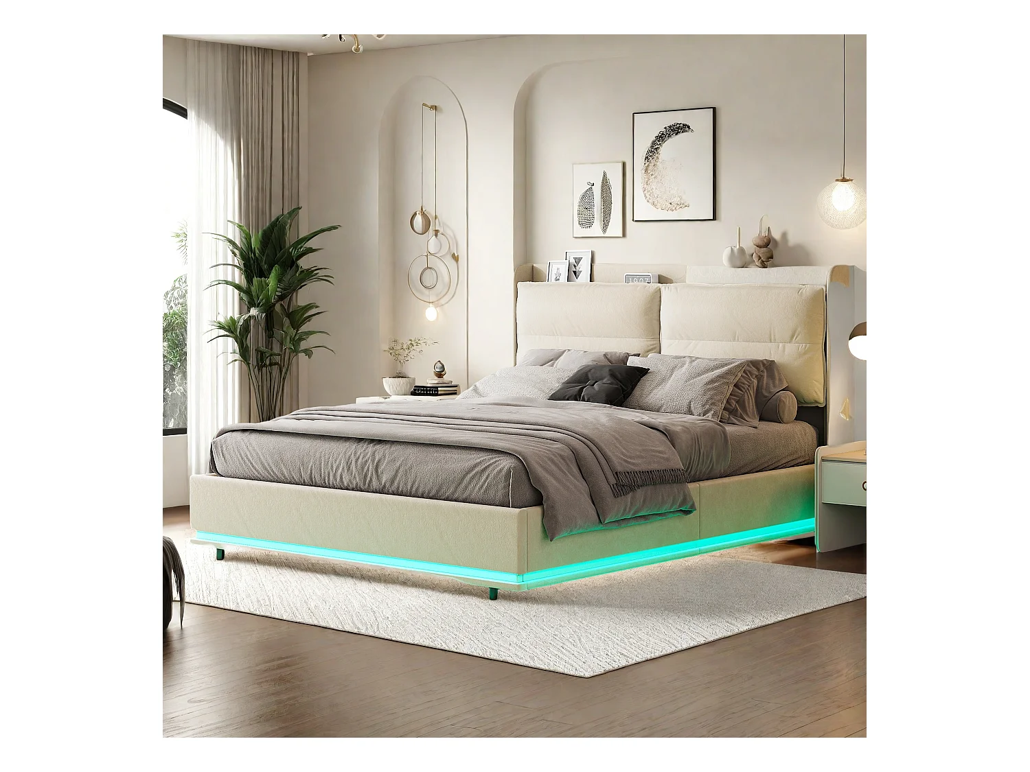 Lit coffre 140x190 cm - Hydraulique rangement - Lit 140x190 cm - Lit double 2 personnes - avec LED intégrée et USB - Velours - Beige