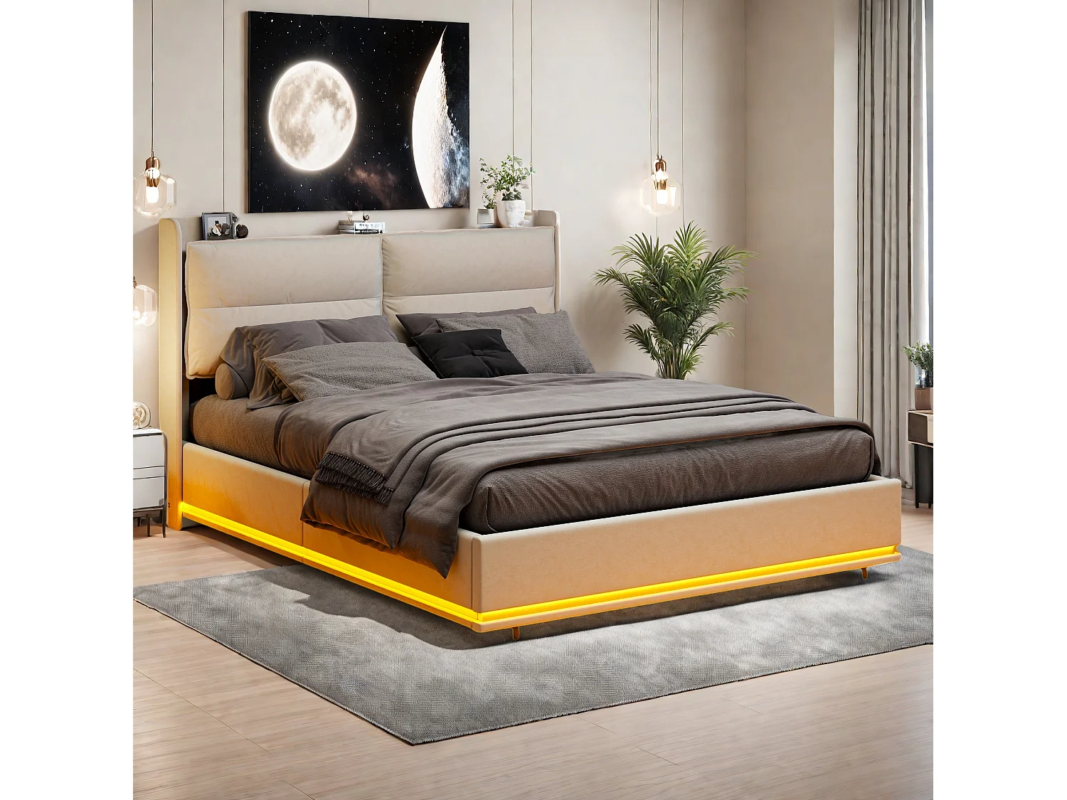 Lit coffre 140x190 cm - Hydraulique rangement - Lit 140x190 cm - Lit double 2 personnes - avec LED intégrée et USB - Velours - Beige