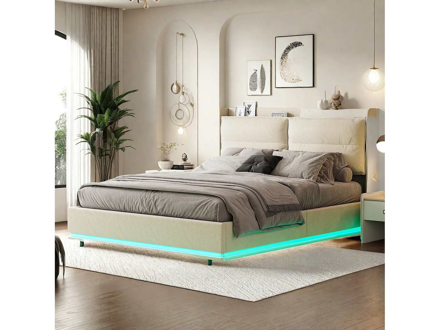 Lit coffre 140x190 cm - Hydraulique rangement - Lit 140x190 cm - Lit double 2 personnes - avec LED intégrée et USB - Velours - Beige