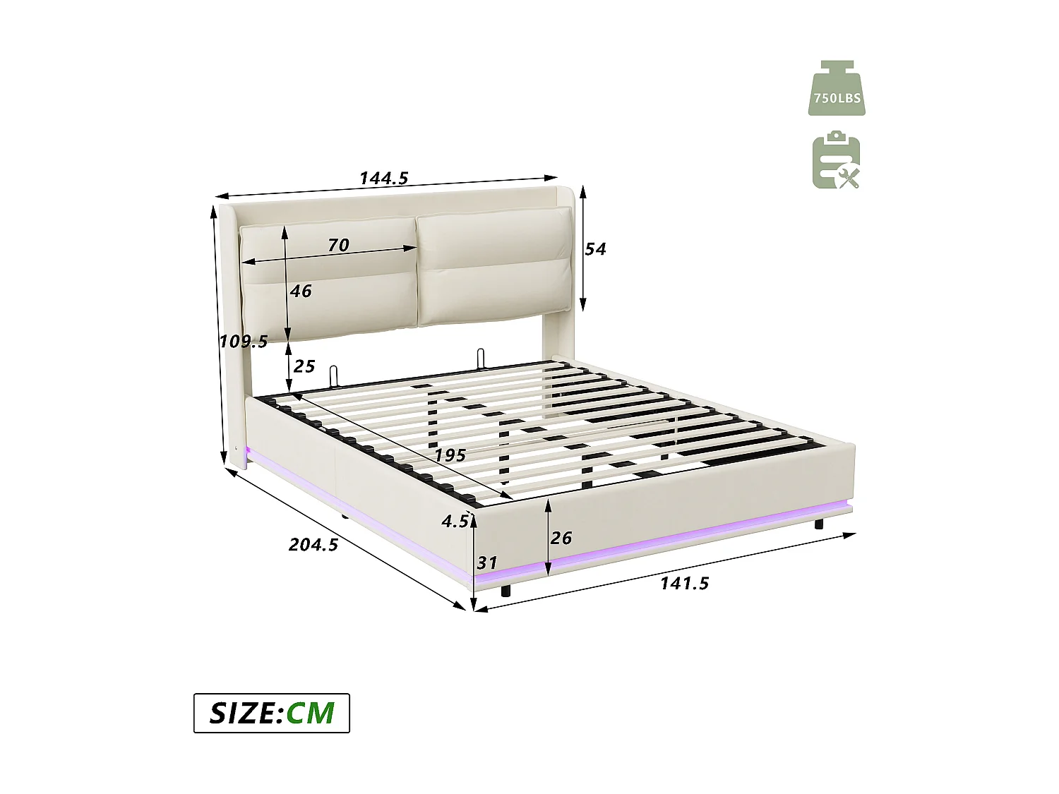 Opbergbed 140x200 cm beige fluweel met RGB LED, USB/Type-C/draadloos opladen, dubbele hydraulische opbergruimte, Scandinavisch hoofdeinde met rits