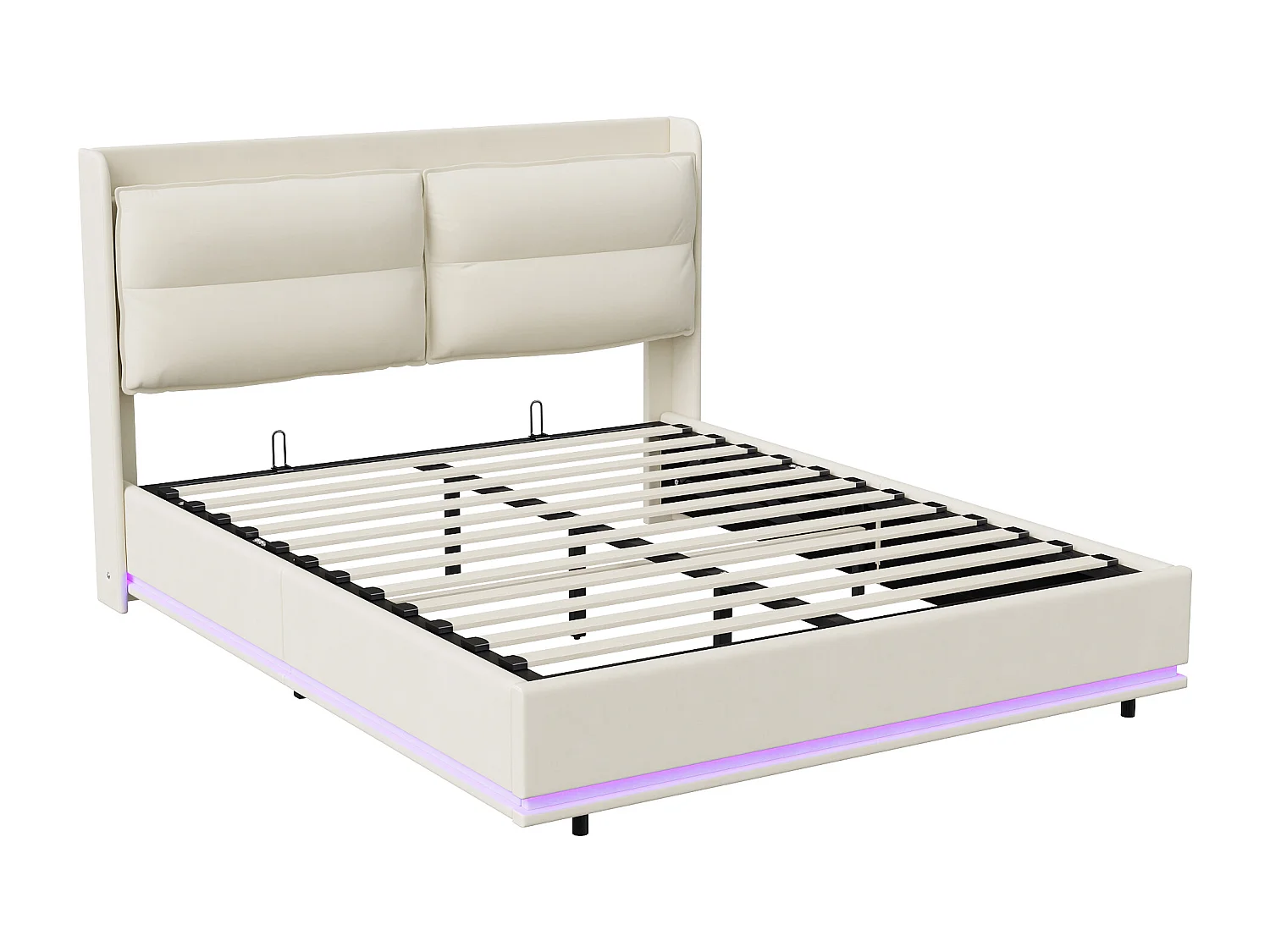 Opbergbed 140x200 cm beige fluweel met RGB LED, USB/Type-C/draadloos opladen, dubbele hydraulische opbergruimte, Scandinavisch hoofdeinde met rits