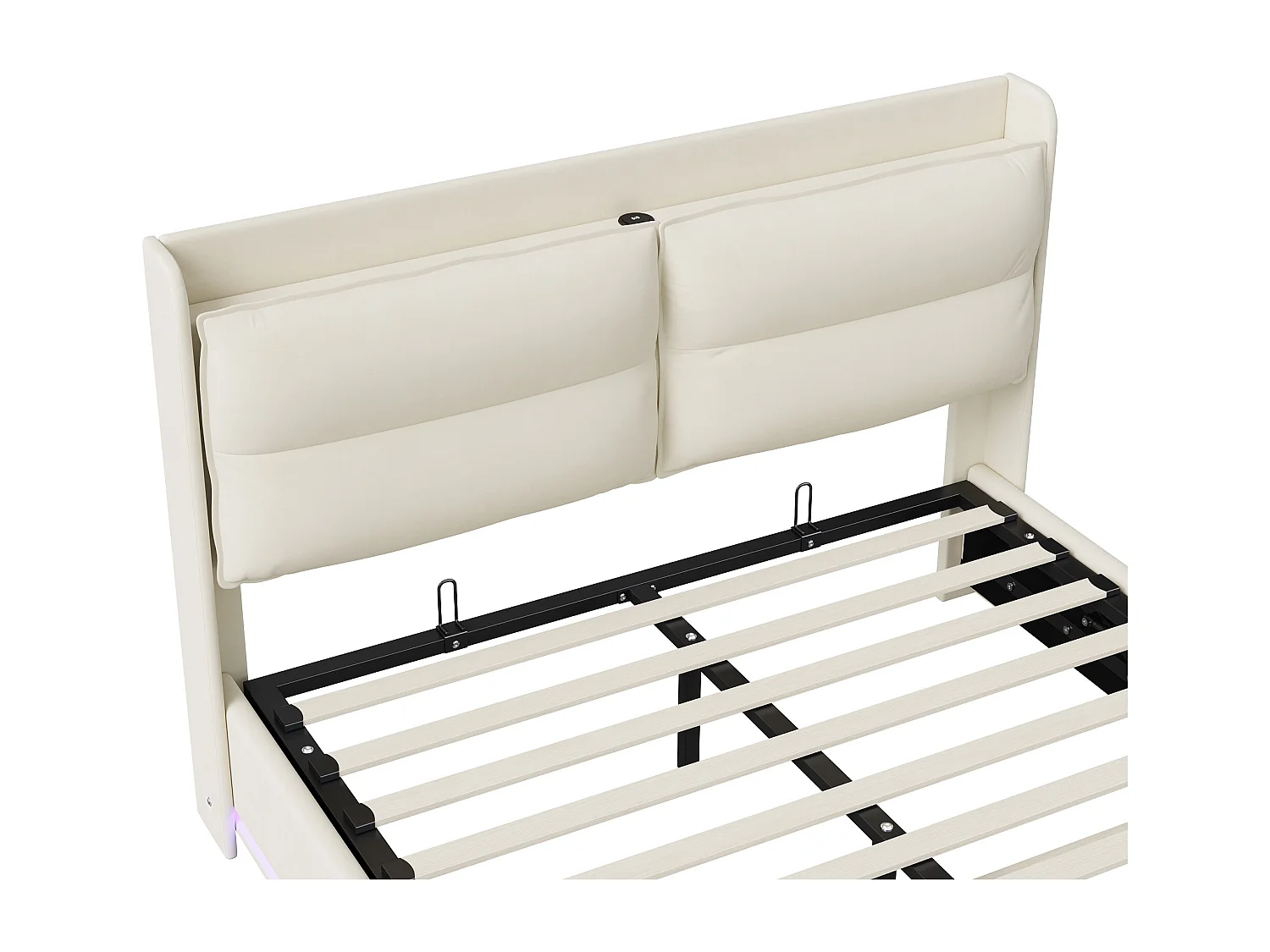 Opbergbed 140x200 cm beige fluweel met RGB LED, USB/Type-C/draadloos opladen, dubbele hydraulische opbergruimte, Scandinavisch hoofdeinde met rits