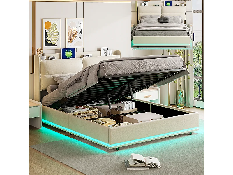 Lit coffre 140x190 cm - Hydraulique rangement - Lit 140x190 cm - Lit double 2 personnes - avec LED intégrée et USB - Velours - Beige