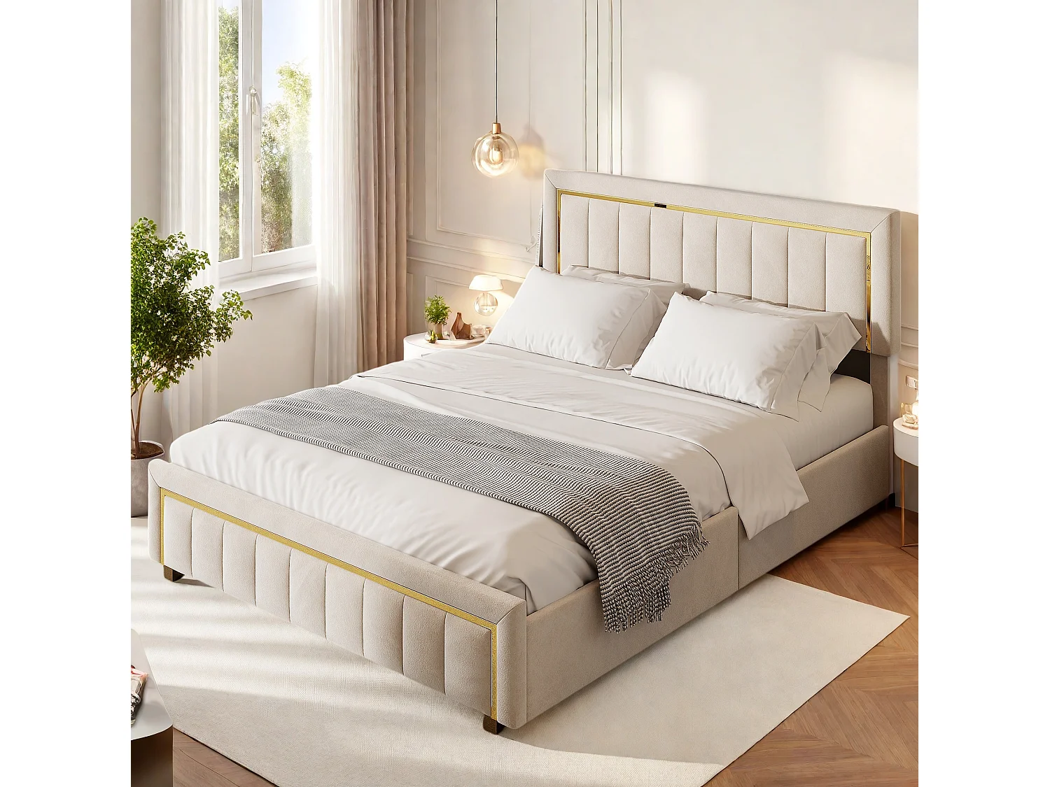 Lit Coffre 160x200 cm en Velours Beige, Coffre de rangement, Design contemporain, Sommier, Sans matelas, Capacité 250 kg