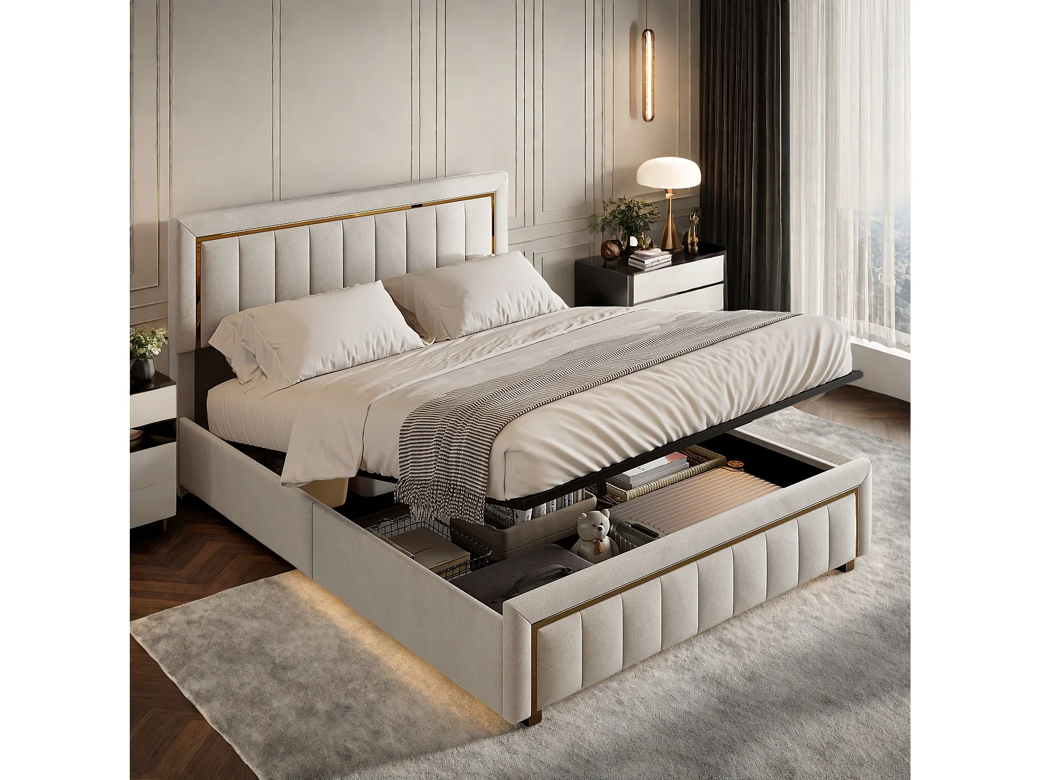 Letto Contenitore 160x200 cm Velluto Beige con Testiera Imbottita e Contenitore, Design Scandinavo Contemporaneo, Capacità 250 kg, Senza Materasso