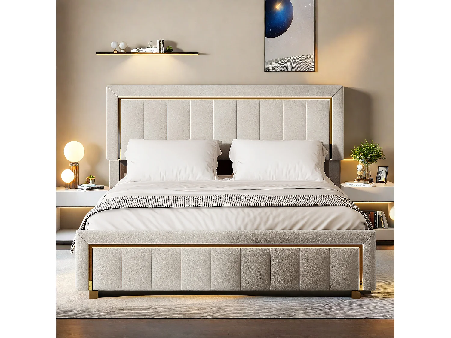 Letto Contenitore 160x200 cm Velluto Beige con Testiera Imbottita e Contenitore, Design Scandinavo Contemporaneo, Capacità 250 kg, Senza Materasso