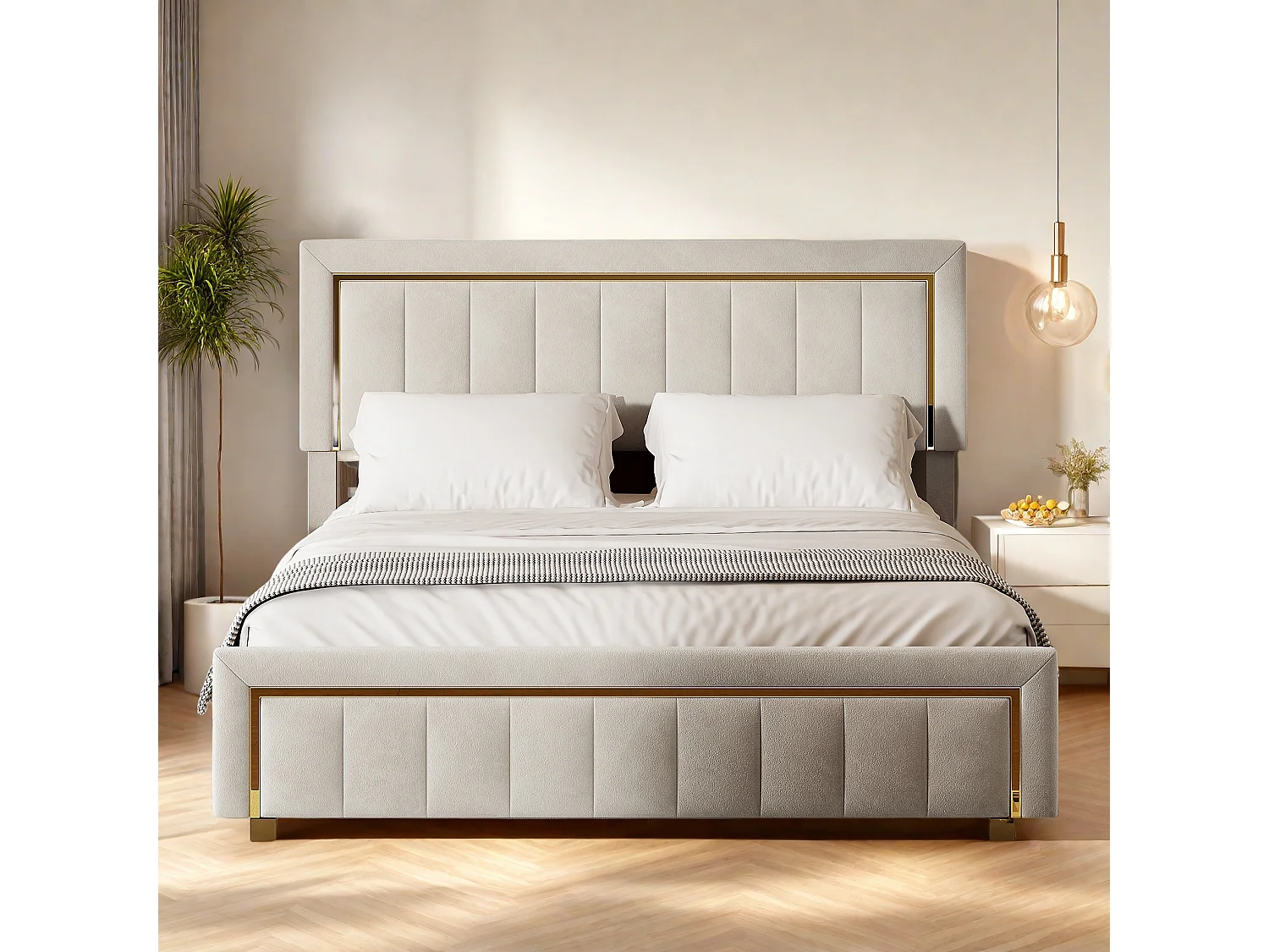 Letto Contenitore 160x200 cm Velluto Beige con Testiera Imbottita e Contenitore, Design Scandinavo Contemporaneo, Capacità 250 kg, Senza Materasso