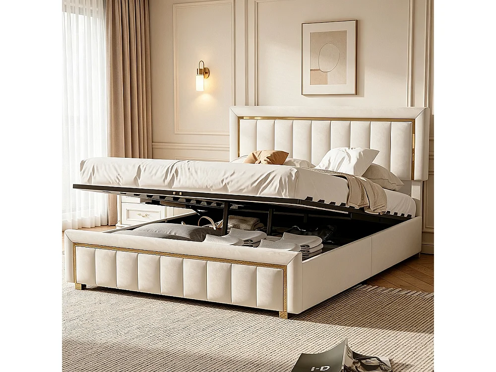 Lit Coffre 160x200 cm en Velours Beige, Coffre de rangement, Design contemporain, Sommier, Sans matelas, Capacité 250 kg