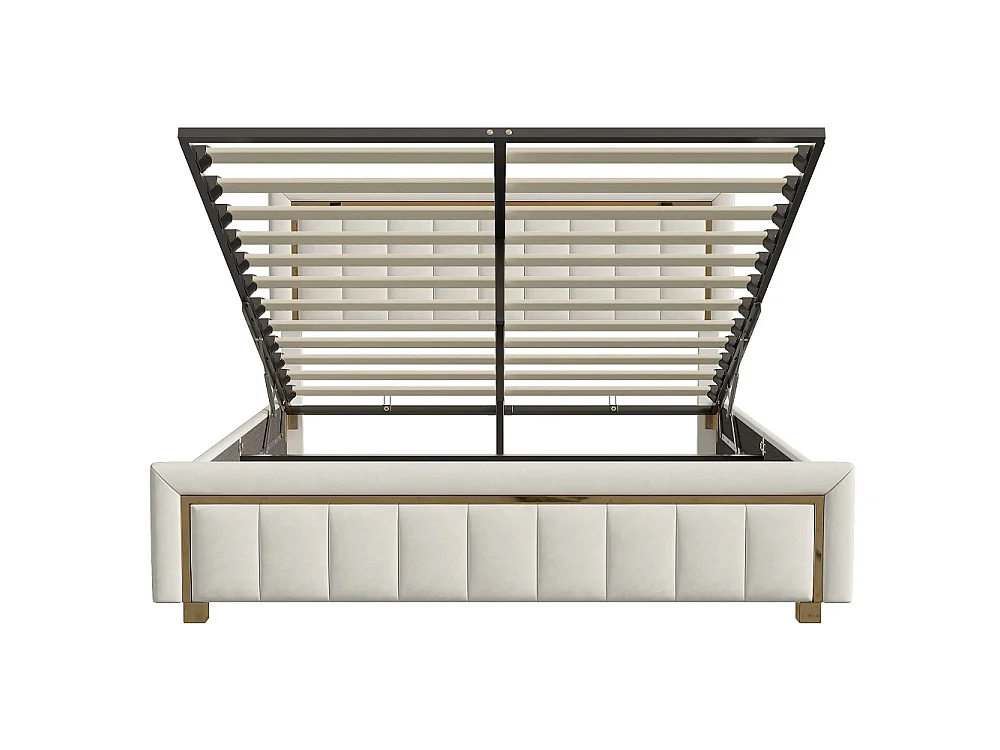 Lit Coffre 160x200 cm en Velours Beige, Coffre de rangement, Design contemporain, Sommier, Sans matelas, Capacité 250 kg