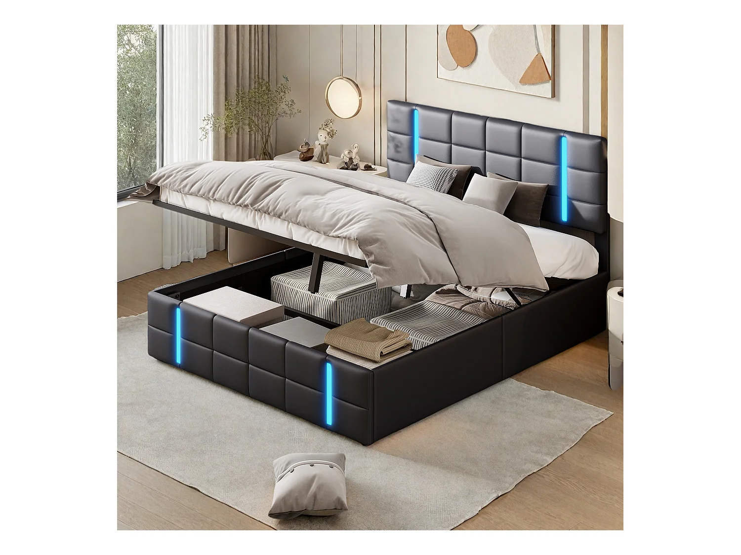 Lit 160x200 cm avec LED, lit coffre 160x200 cm avec sommier à lattes, coffre de rangement, lit adulte avec USB, pu noir