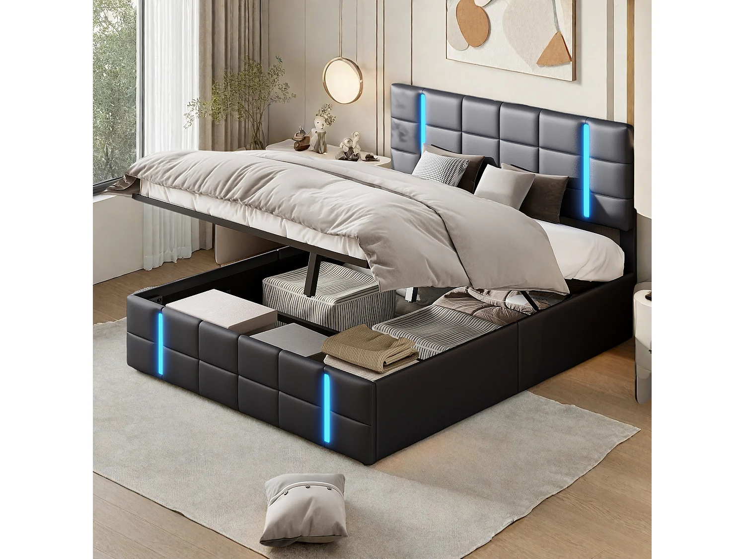 Lit 160x200 cm avec LED, lit coffre 160x200 cm avec sommier à lattes, coffre de rangement, lit adulte avec USB, pu noir