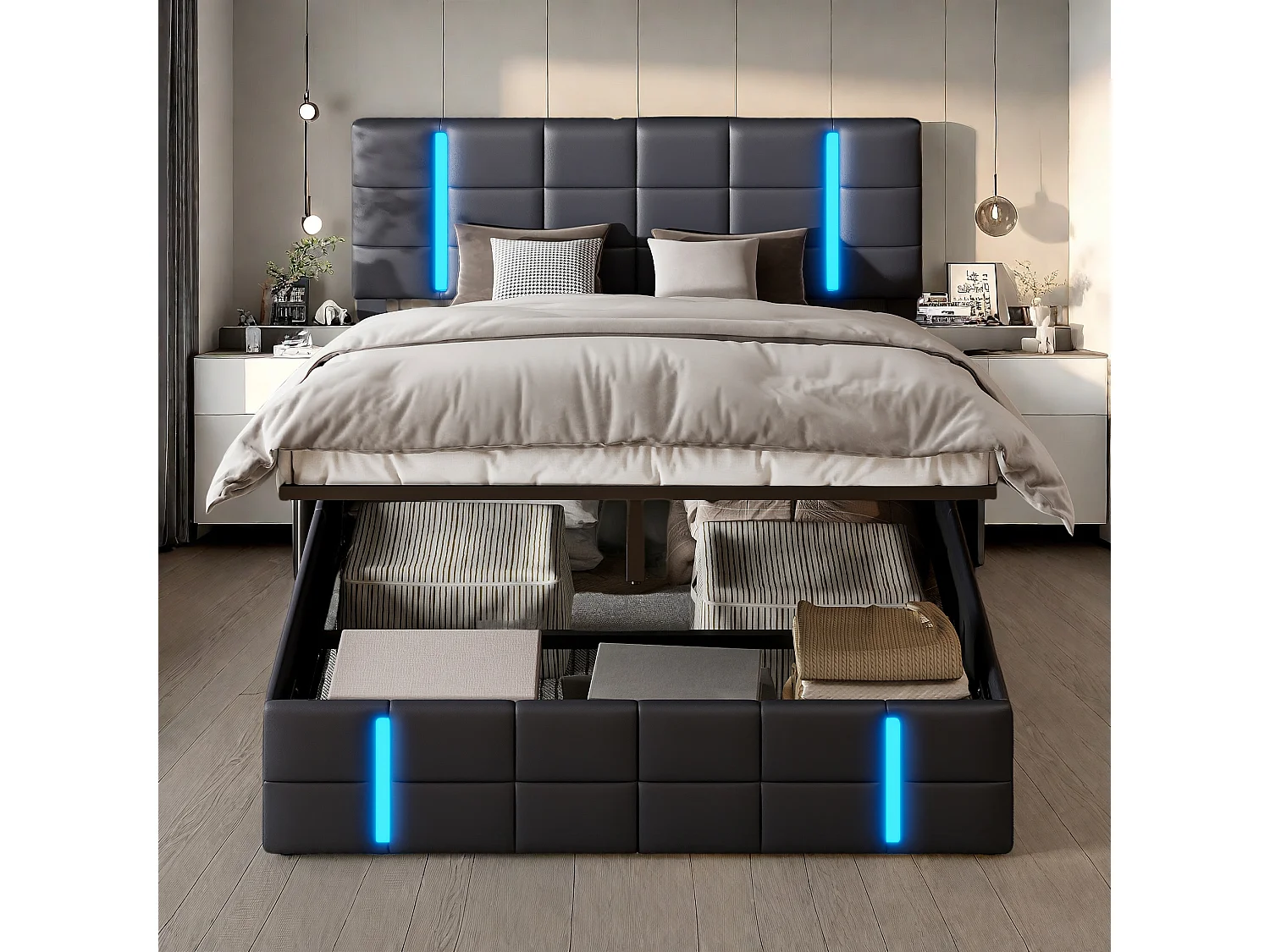 Lit 160x200 cm avec LED, lit coffre 160x200 cm avec sommier à lattes, coffre de rangement, lit adulte avec USB, pu noir