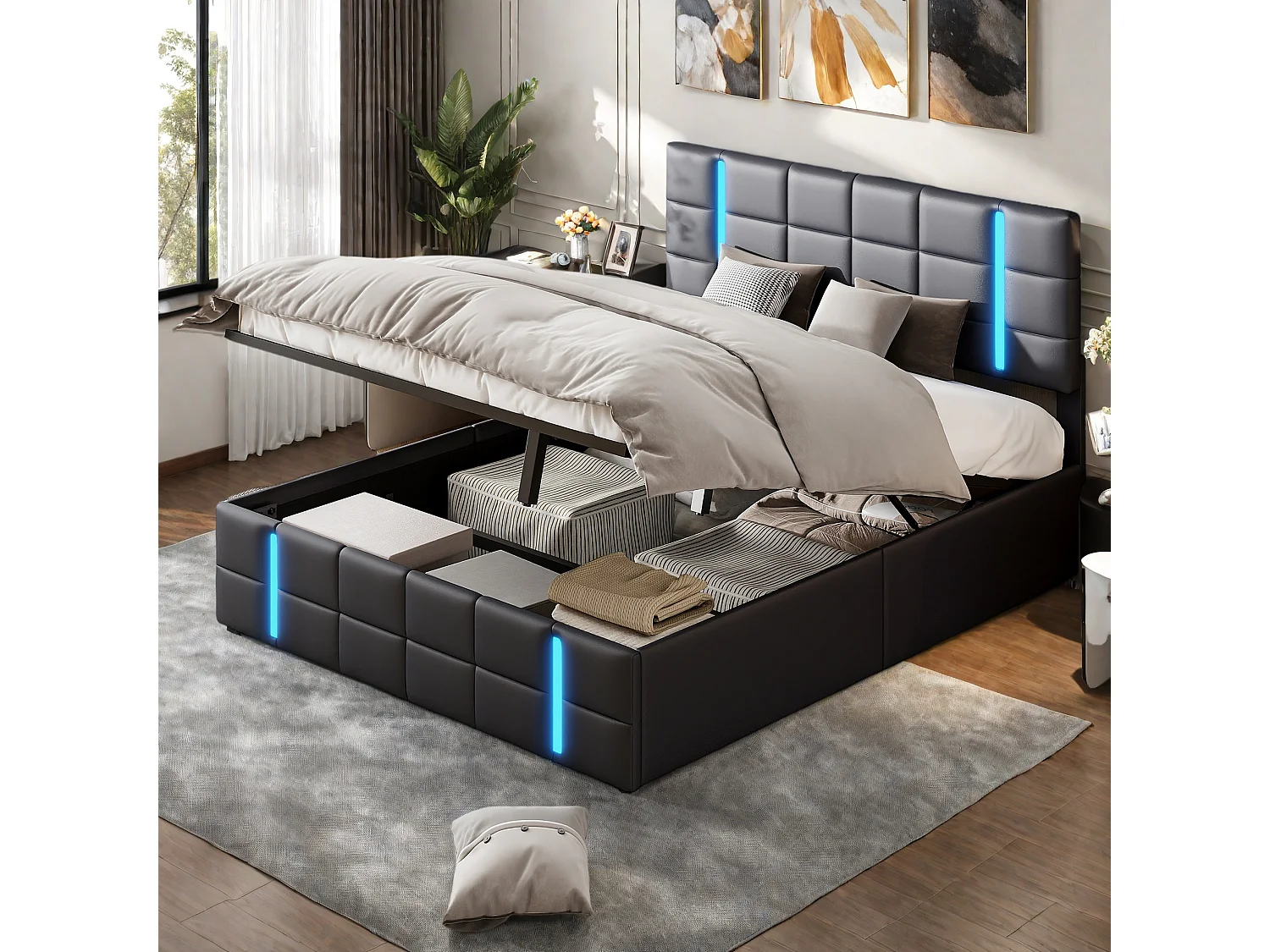 Lit 160x200 cm avec LED, lit coffre 160x200 cm avec sommier à lattes, coffre de rangement, lit adulte avec USB, pu noir