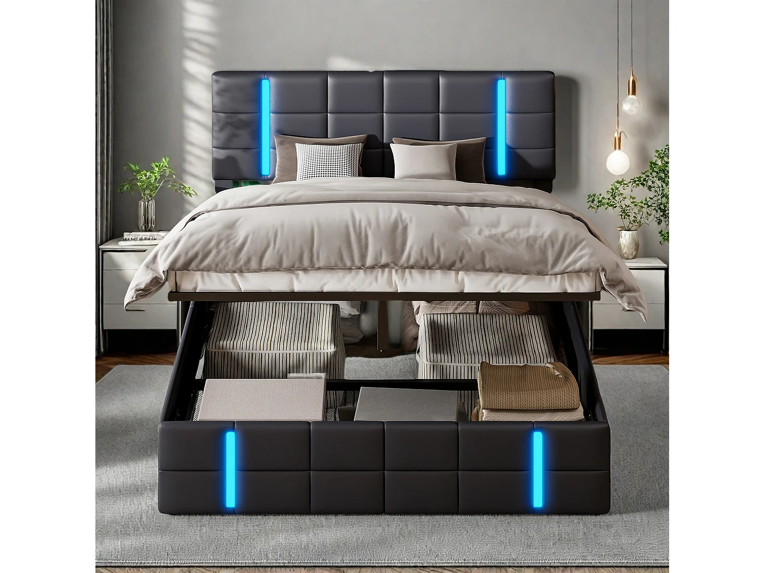 Lit 160x200 cm avec LED, lit coffre 160x200 cm avec sommier à lattes, coffre de rangement, lit adulte avec USB, pu noir