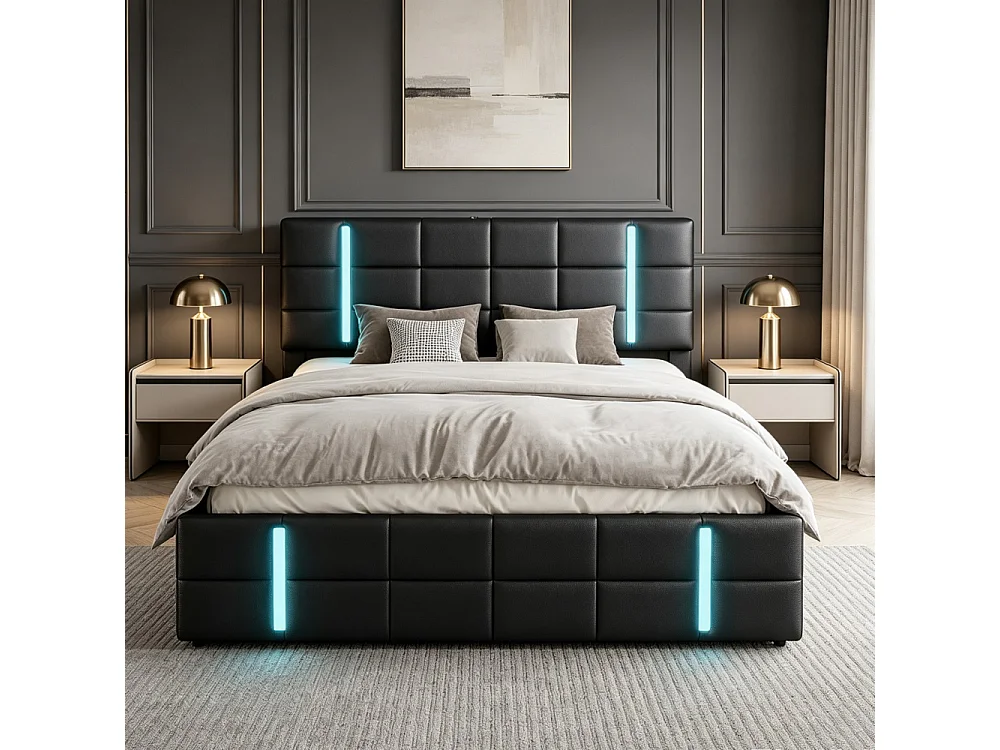 Cama de almacenamiento LED moderna 160x200 cm con USB, PU negro, estilo escandinavo
