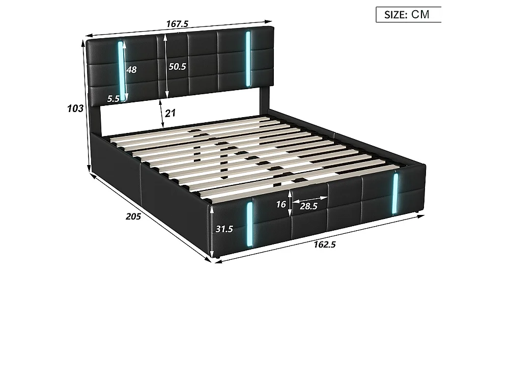 Cama de almacenamiento LED moderna 160x200 cm con USB, PU negro, estilo escandinavo