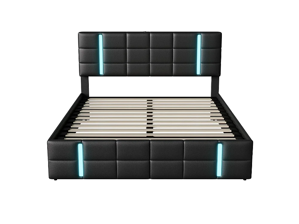Cama de almacenamiento LED moderna 160x200 cm con USB, PU negro, estilo escandinavo