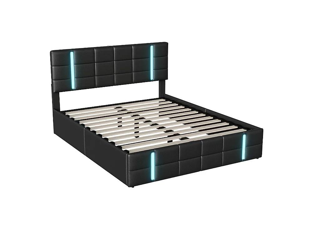 Cama de almacenamiento LED moderna 160x200 cm con USB, PU negro, estilo escandinavo