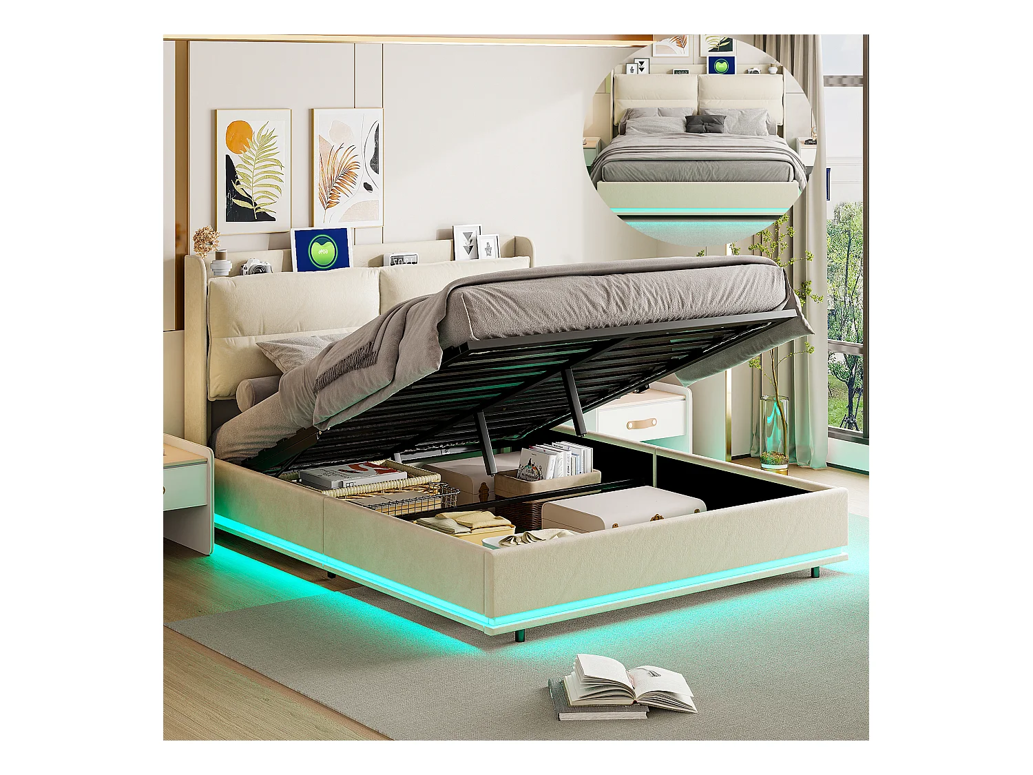 Lit coffre 160x200 cm - Lit adulte double - LED intégrée - Cadre de lit 160x200 cm - 2 personnes - Hydraulique rangement - Velours Beige