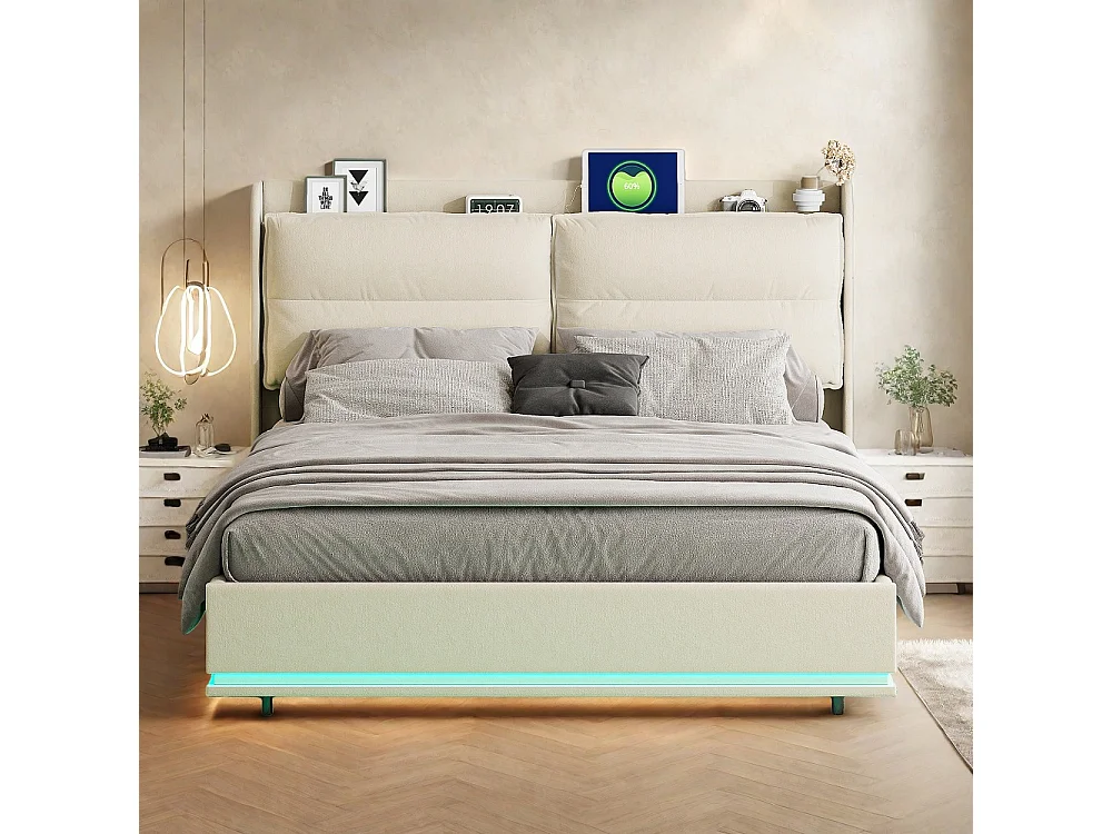 Letto Matrimoniale con Contenitore 160x200 cm con Luci LED - Velluto Beige - Testiera Imbottita Ergonomica - Stile Scandinavo